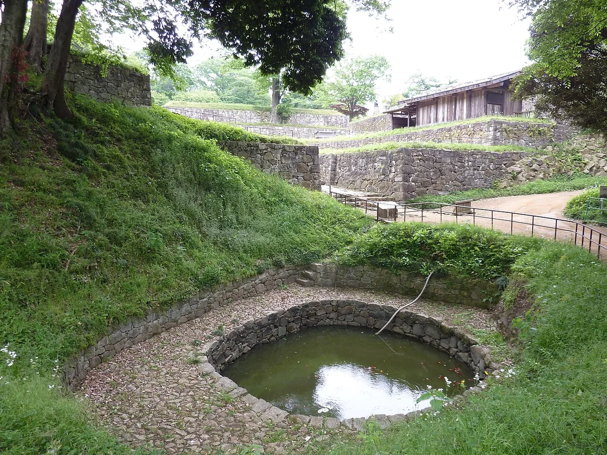 金山城跡の石垣と池、石敷きの道
