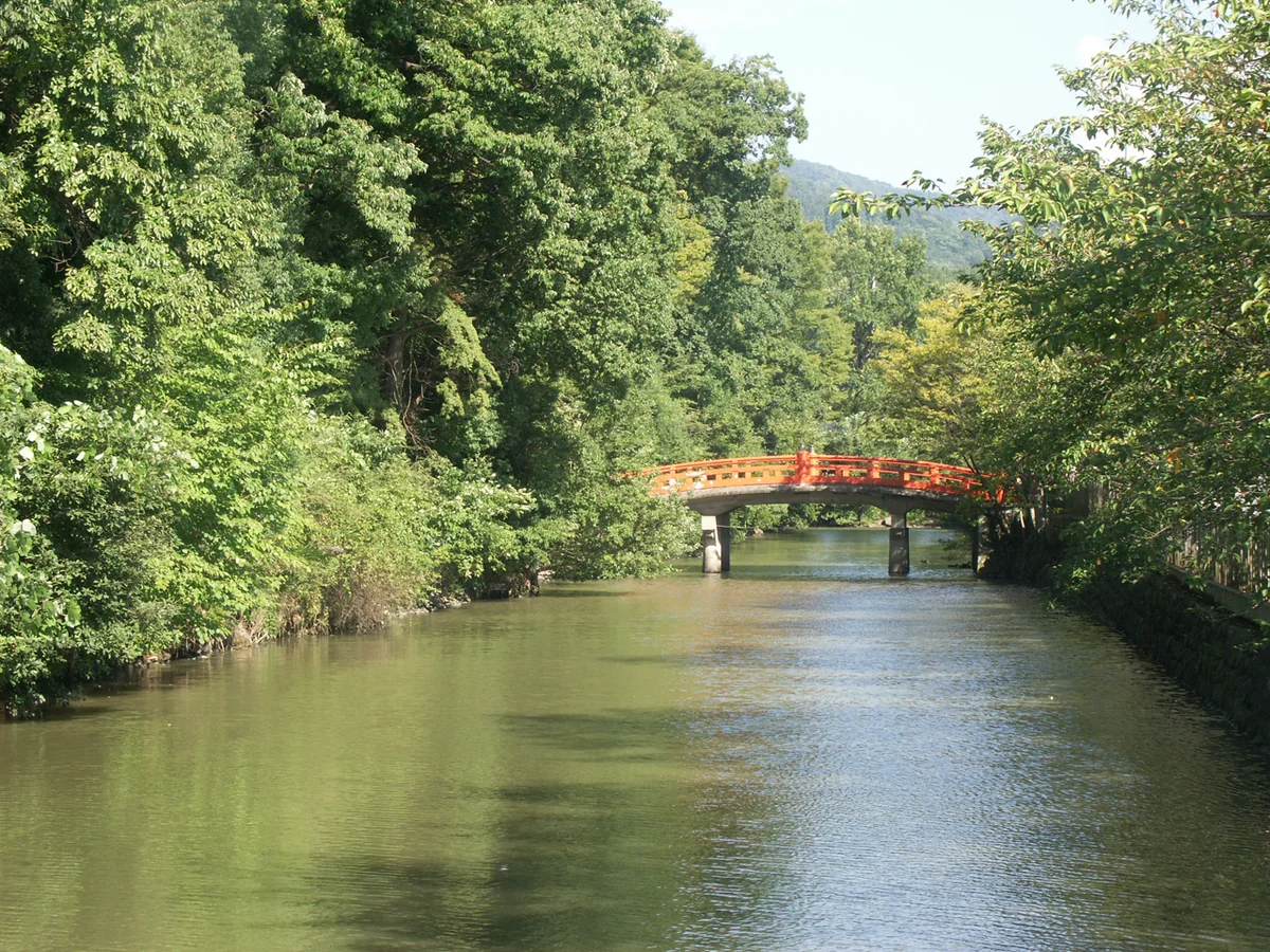 The moat and a red bridge at the former Takeda residence