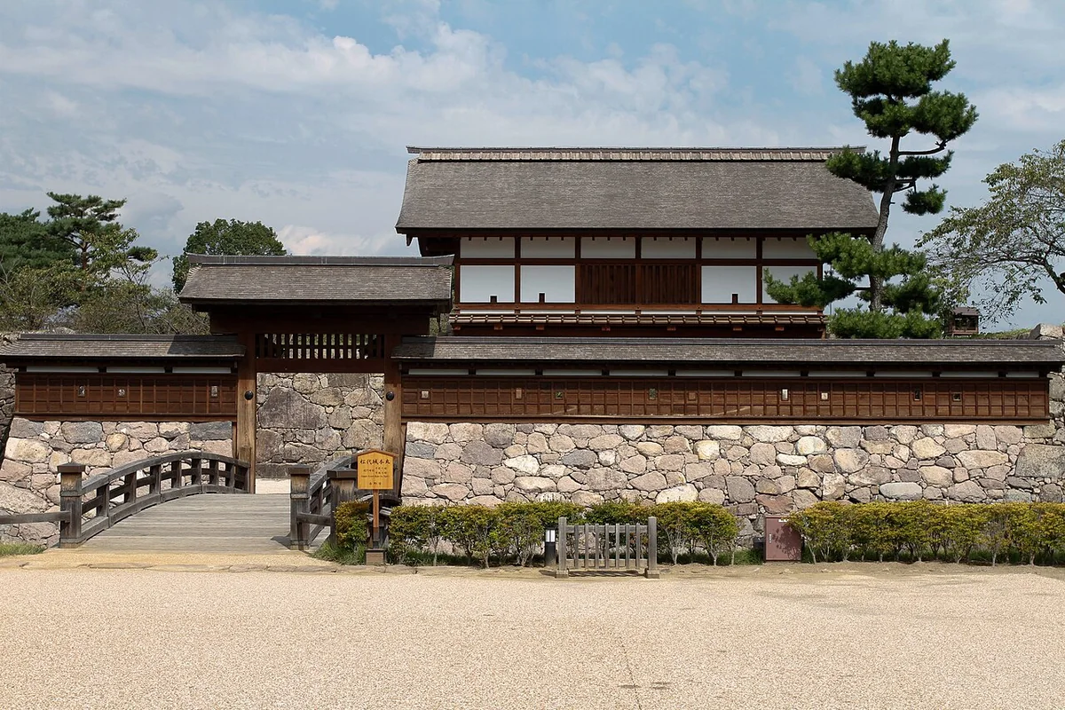 A reconstructed gate and bridge at Matsushiro Castle