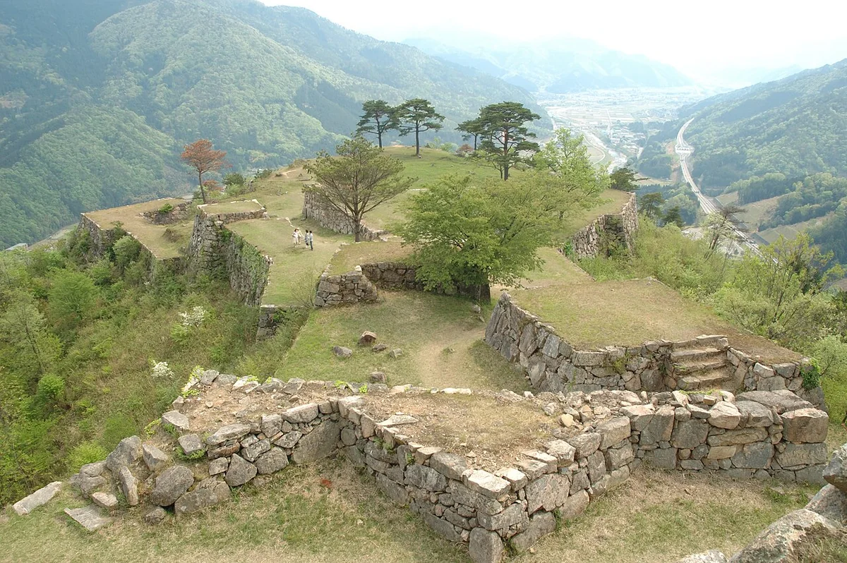 Stone walls along a mountain ridge at Takeda Castle