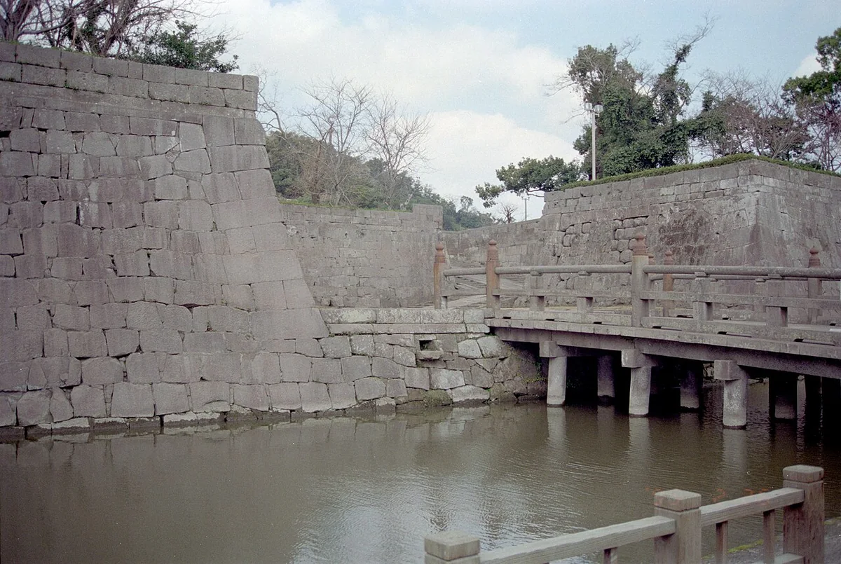 Moat and stone walls at Kagoshima Castle, before the Goromon Gate was reconstructed