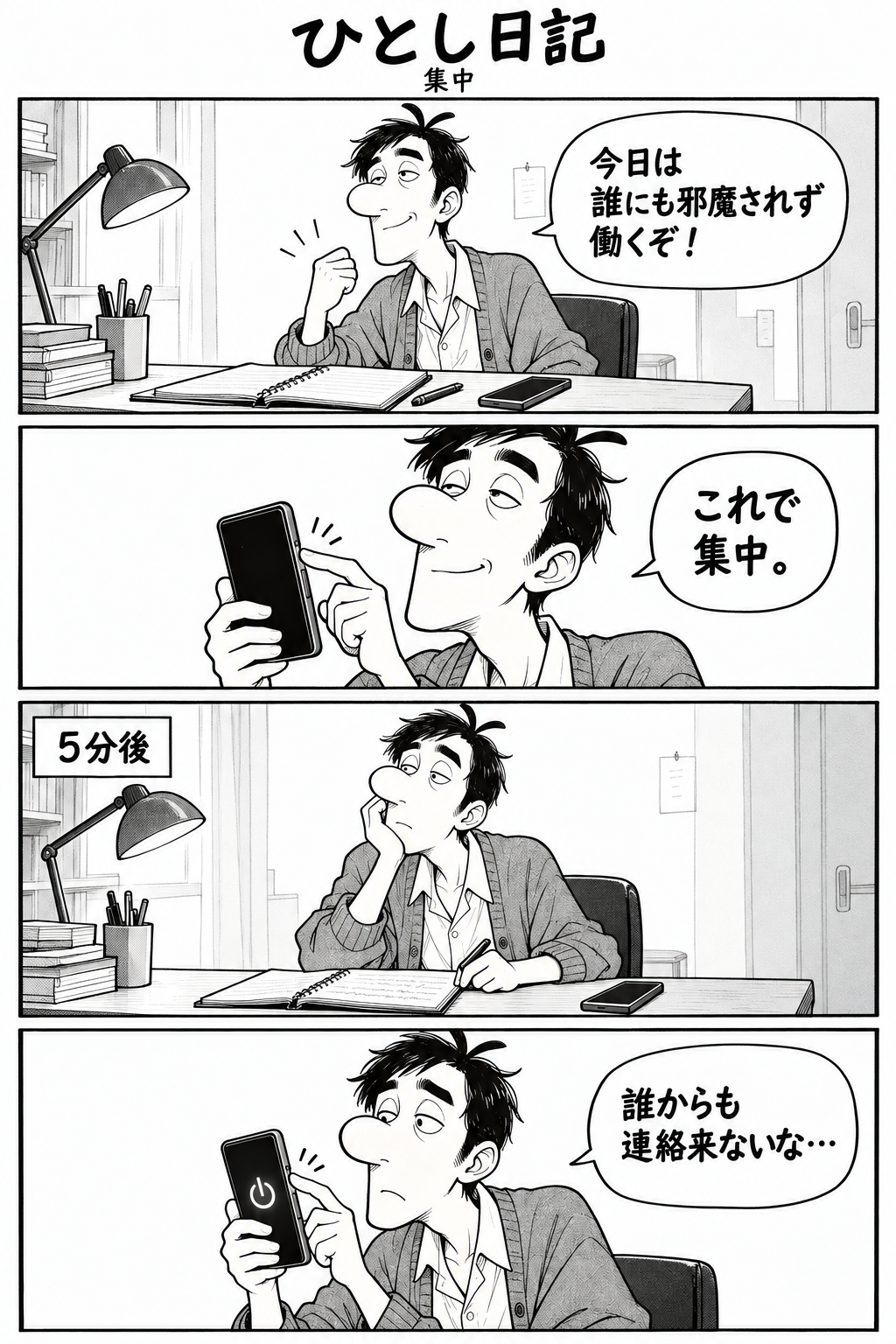 第1話「集中」全4コマ。ひとしは誰にも邪魔されず働くと言ってスマートフォンを操作し、5分後、誰からも連絡が来ないと気づく。