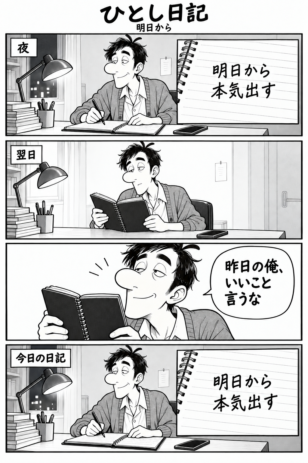 第2話「明日から」全4コマ。夜に明日から本気を出すと日記に書いたひとしは、翌日に本を読み、昨日の自分を褒める。そして今日の日記にも再び「明日から本気出す」と書く。