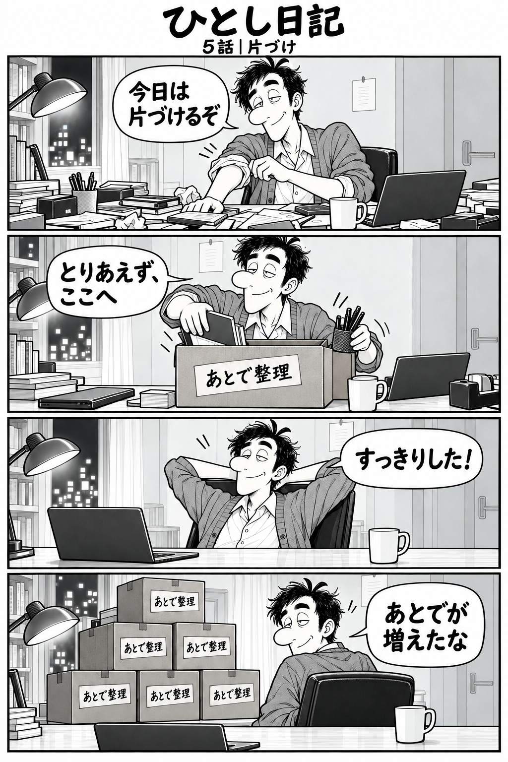 第5話「片づけ」全4コマ。散らかった机。ひとしが袖をまくる。台詞：『今日は片づけるぞ』 机の紙や小物を段ボールへ。箱のラベル：『あとで整理』。台詞：『とりあえず、ここへ』 空っぽになった机を見て満足。台詞：『すっきりした！』 引いて見ると背後に『あとで整理』と書いた箱が何段も積んである。台詞：『あとでが増えたな』