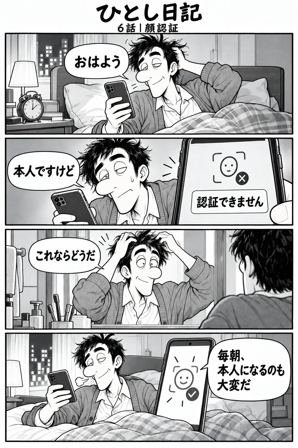 第6話「顔認証」全4コマ。起きたばかりで髪が乱れたひとしがスマホを見る。台詞：『おはよう』 スマホ画面：『認証できません』。台詞：『本人ですけど』 鏡の前で髪を整え、目を大きく開ける。台詞：『これならどうだ』 スマホ認証成功。ひとしは力が抜けて眠そうに戻る。台詞：『毎朝、本人になるのも大変だ』