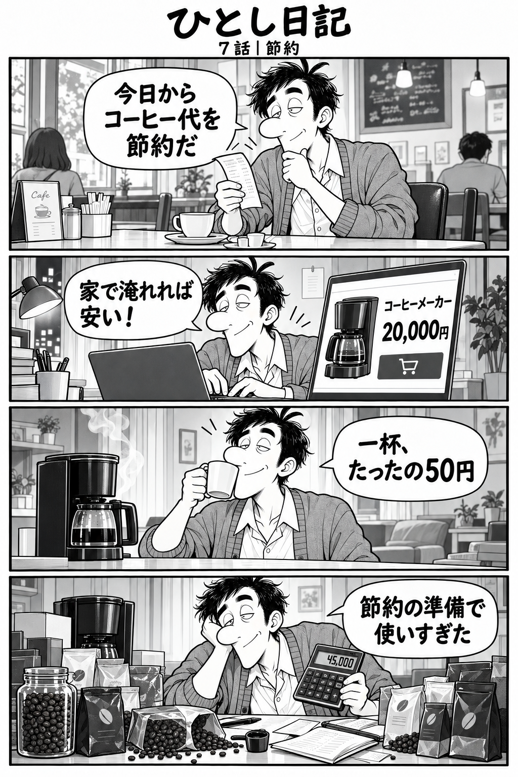 第7話「節約」全4コマ。カフェのレシートを見てひとしが決意。台詞：『今日からコーヒー代を節約だ』 ネットでコーヒーメーカーを注文する。画面の価格：『20,000円』。台詞：『家で淹れれば安い！』 届いた機械でコーヒーを淹れ、ひとしがうれしそうに飲む。台詞：『一杯、たったの50円』 机にコーヒーメーカーと大量の豆、電卓。電卓表示：『45,000』。台詞：『節約の準備で使いすぎた』