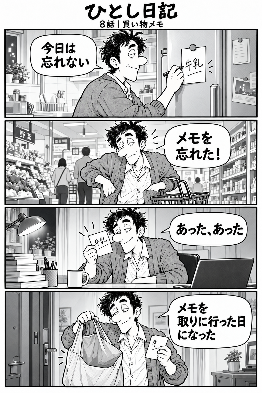第8話「買い物メモ」全4コマ。冷蔵庫の前、メモに『牛乳』と書くひとし。台詞：『今日は忘れない』 スーパーへ来たがポケットにメモがない。台詞：『メモを忘れた！』 家に戻って机の上のメモを見つける。台詞：『あった、あった』 買い物袋が空のまま、手にはメモ。台詞：『メモを取りに行った日になった』