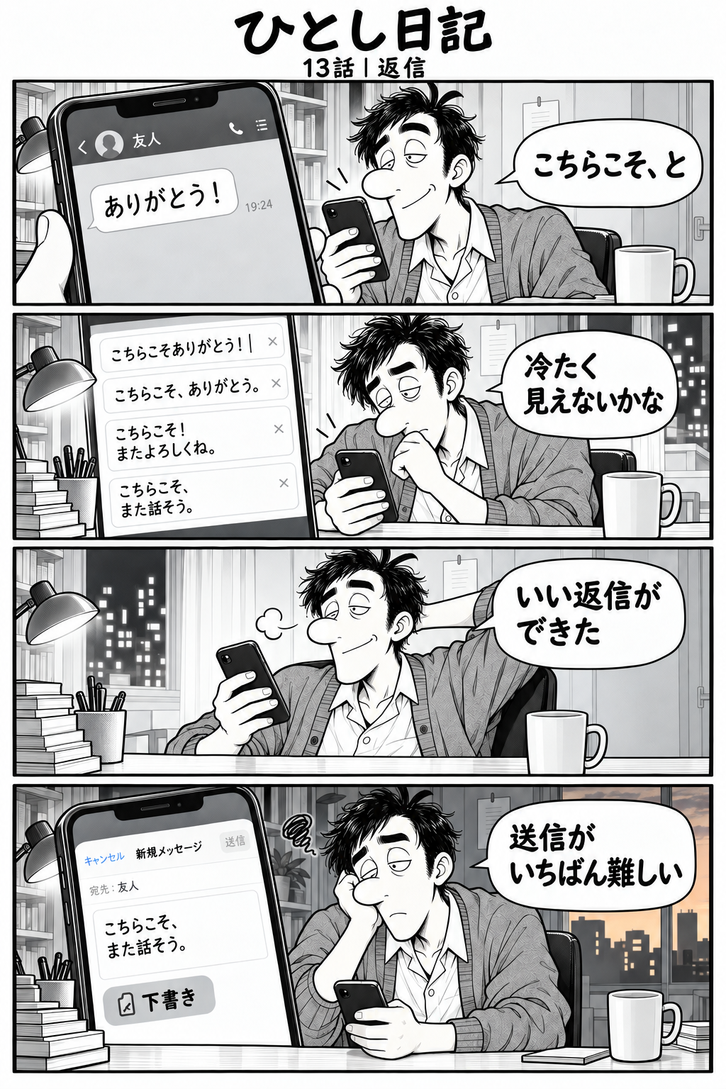 第13話「返信」全4コマ。スマホに友人からメッセージ。画面：『ありがとう！』。台詞：『こちらこそ、と』 ひとしが文章を何度も書き直す。台詞：『冷たく見えないかな』 スマホを置いて満足。台詞：『いい返信ができた』 夕方、スマホ画面に『下書き』。ひとしが呆然。台詞：『送信がいちばん難しい』