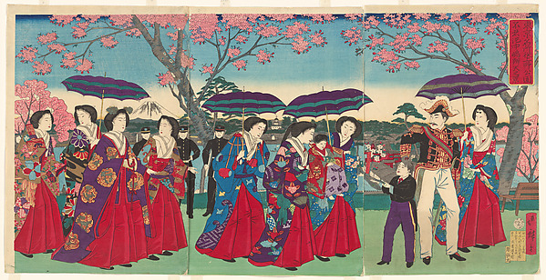 桜の下の皇室一行と不忍池方面を描く1881年の三枚続き錦絵