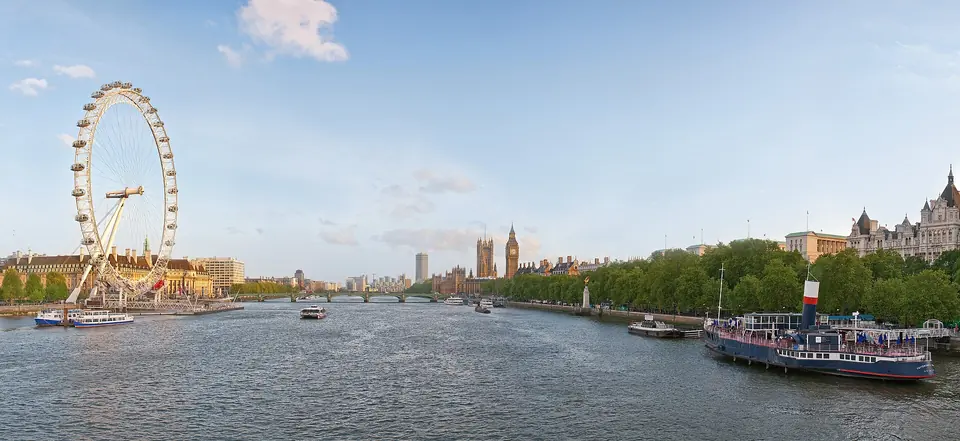 ロンドンのテムズ川とロンドン・アイ、遠景の英国議会